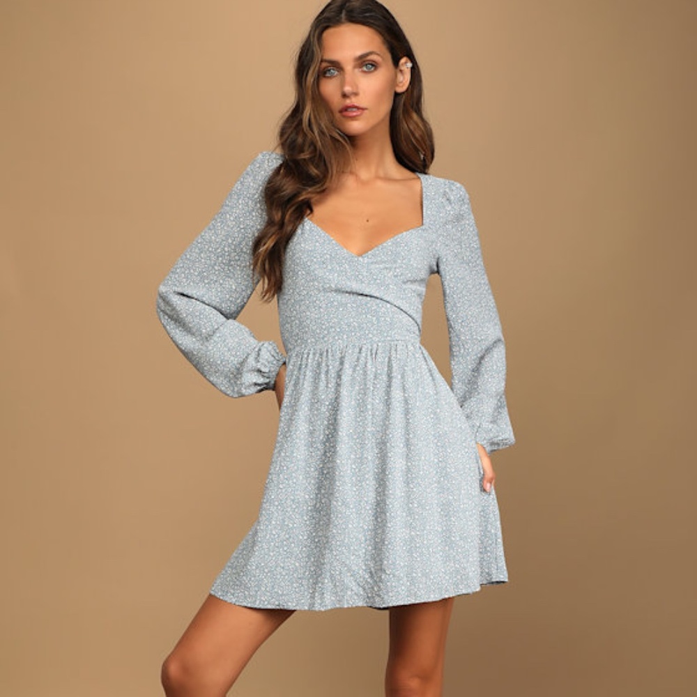 Lulus Light Blue Floral Print Tie-back Mini Dress - Size S